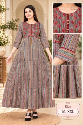 Premium Heavy Rayon Printed One-Piece Dress with Embroidery Work kurtis catalogs