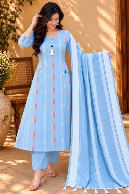 Premium Linen Dobby Cotton 3-Piece Set – A-Line Mirror Work Top, Palazzo Pant and Dupatta Size wise Combo Set
