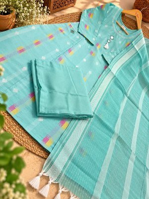 Premium Linen Dobby Cotton 3-Piece Set – A-Line Mirror Work Top, Palazzo Pant and Dupatta Size wise Combo Set
