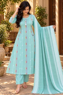Premium Linen Dobby Cotton 3-Piece Set – A-Line Mirror Work Top, Palazzo Pant and Dupatta Size wise Combo Set