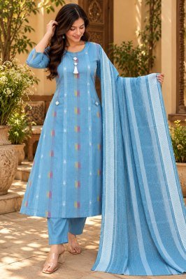 Premium Linen Dobby Cotton 3-Piece Set – A-Line Mirror Work Top, Palazzo Pant and Dupatta Size wise Combo Set