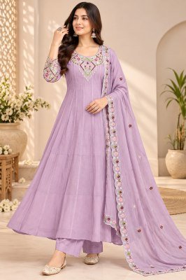 Premium Mal Chanderi Floral Embroidered Anarkali Suit Set with Pant and Dupatta  Size wise Combo Set