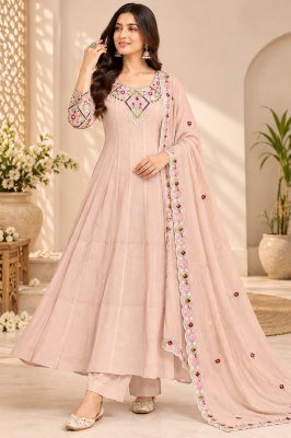 Premium Mal Chanderi Floral Embroidered Anarkali Suit Set with Pant and Dupatta  Size wise Combo Set