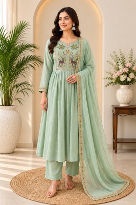 Premium Mul Chanderi 3-Piece A-Line Ghera Suit with Embroidered Palazzo  Size wise Combo Set