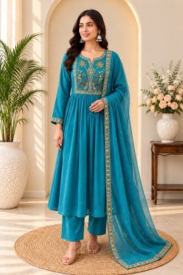 Premium Mul Chanderi 3-Piece A-Line Ghera Suit with Embroidered Palazzo  Size wise Combo Set