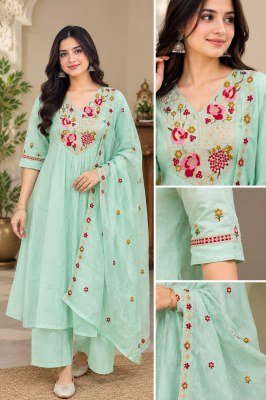 Premium Mul Chanderi 3-Piece Palazzo Suit Set with Inner and Dupatta Size wise Combo Set