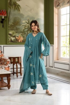 Premium Mul Chanderi Full Flair 3-Piece Set with Neck, Sleeves and Dupatta 