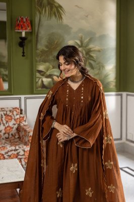 Premium Mul Chanderi Full Flair 3-Piece Set with Neck, Sleeves and Dupatta Size wise Combo Set