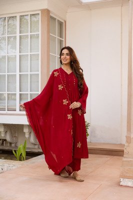 Premium Mul Chanderi Full Flair 3-Piece Set with Neck, Sleeves and Dupatta Size wise Combo Set