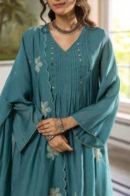 Premium Mul Chanderi Full Flair 3-Piece Set with Neck, Sleeves and Dupatta Size wise Combo Set