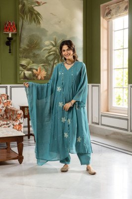 Premium Mul Chanderi Full Flair 3-Piece Set with Neck, Sleeves and Dupatta Size wise Combo Set