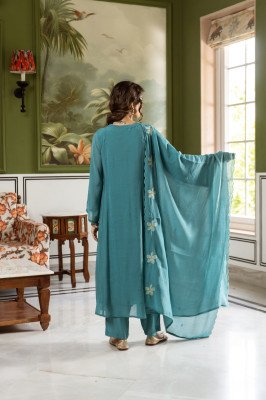 Premium Mul Chanderi Full Flair 3-Piece Set with Neck, Sleeves and Dupatta Size wise Combo Set