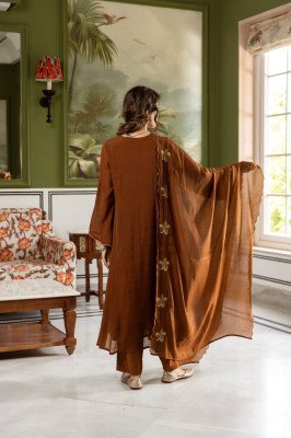Premium Mul Chanderi Full Flair 3-Piece Set with Neck, Sleeves and Dupatta Size wise Combo Set