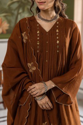 Premium Mul Chanderi Full Flair 3-Piece Set with Neck, Sleeves and Dupatta Size wise Combo Set