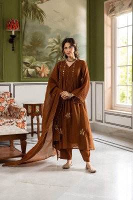 Premium Mul Chanderi Full Flair 3-Piece Set with Neck, Sleeves and Dupatta Size wise Combo Set