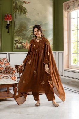Premium Mul Chanderi Full Flair 3-Piece Set with Neck, Sleeves and Dupatta Size wise Combo Set