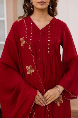Premium Mul Chanderi Full Flair 3-Piece Set with Neck, Sleeves and Dupatta Size wise Combo Set