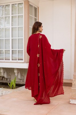 Premium Mul Chanderi Full Flair 3-Piece Set with Neck, Sleeves and Dupatta Size wise Combo Set