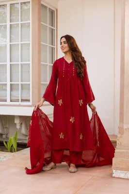 Premium Mul Chanderi Full Flair 3-Piece Set with Neck, Sleeves and Dupatta Size wise Combo Set