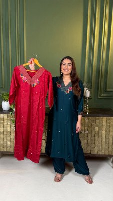 Premium Pure Gaji Silk Work Kurti with Palazzo Size wise Combo Set