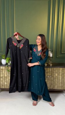 Premium Pure Gaji Silk Work Kurti with Palazzo Size wise Combo Set