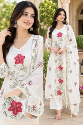 Premium Pure Mul Chanderi Embroidered Kurti Palazzo Set with Cotton Inner and Dupatta  Size wise Combo Set