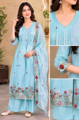 Premium Pure Mul Chanderi Embroidered Kurti Palazzo Set with Mul Cotton Inner and Dupatta  Size wise Combo Set