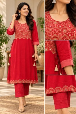 Premium Rayon Cotton Slub Embroidered Kurti Pant Set wholesale catalogs