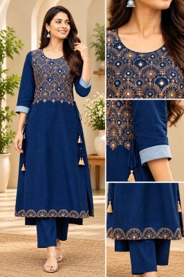 Premium Rayon Cotton Slub Embroidered Kurti Pant Set Size wise Combo Set