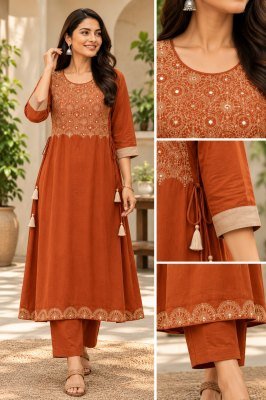 Premium Rayon Cotton Slub Embroidered Kurti Pant Set Size wise Combo Set