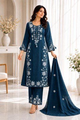 Premium Traditional Cotton 3-Piece Straight Kurta Suit – Full Embroidery & Tussle Detailing kurti pant with dupatta Catalogs