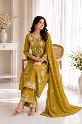 Premium Traditional Cotton 3-Piece Straight Kurta Suit – Full Embroidery & Tussle Detailing kurti pant with dupatta Catalogs