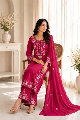 Premium Traditional Cotton 3-Piece Straight Kurta Suit – Full Embroidery & Tussle Detailing kurti pant with dupatta Catalogs