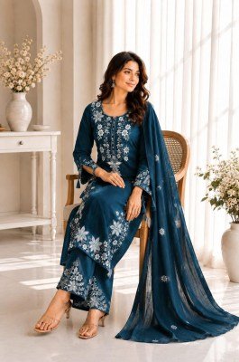Premium Traditional Cotton 3-Piece Straight Kurta Suit – Full Embroidery & Tussle Detailing kurti pant with dupatta Catalogs