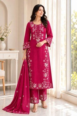Premium Traditional Cotton 3-Piece Straight Kurta Suit – Full Embroidery & Tussle Detailing kurti pant with dupatta Catalogs