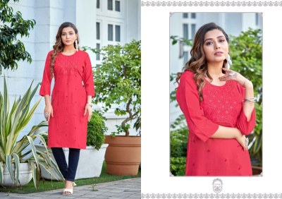 Priya by Kalroop Heavy reyon Embroidered fancy kurti catalogue at affordable rate kurtis catalogs