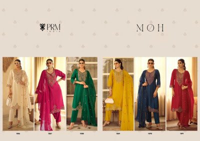 Prm India Moh Pure Russian Silk Suit Set Coding Embroidery And Handwork Organza Dupatta Wholesale Designer kurti pant with dupatta Catalogs