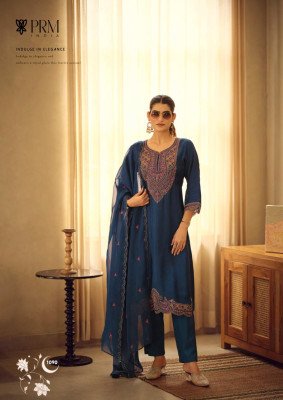 Prm India Moh Pure Russian Silk Suit Set Coding Embroidery And Handwork Organza Dupatta Wholesale Designer kurti pant with dupatta Catalogs