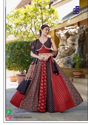 Pure Ajrakh Cotton Handblock  8 mtr Flair  Lehngha Blouse Full Stich Sleeve in side 10  Single