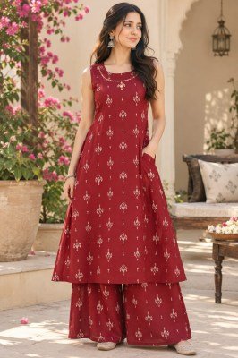 Pure Cotton Ikkat Print A-Line Kurti Palazzo 2-Piece Set with Hand Work  wholesale catalogs