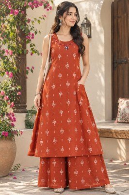 Pure Cotton Ikkat Print A-Line Kurti Palazzo 2-Piece Set with Hand Work  Size wise Combo Set