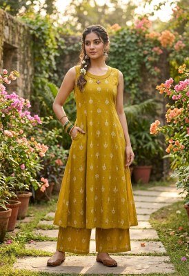 Pure Cotton Ikkat Print A-Line Kurti Palazzo 2-Piece Set with Hand Work  Size wise Combo Set