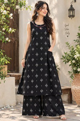 Pure Cotton Ikkat Print A-Line Kurti Palazzo 2-Piece Set with Hand Work  Size wise Combo Set