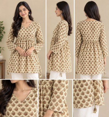 Pure Cotton Printed Alia Peplum Kurti with V-Neck and Full Sleeves kurtis catalogs