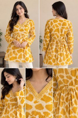 Pure Cotton Printed Alia Peplum Kurti with V-Neck and Full Sleeves kurtis catalogs