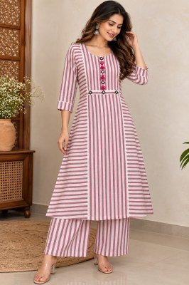 Pure Cotton Strips Concept A-Line Designer Kurti Palazzo Pant Set wholesale catalogs