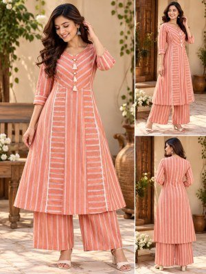 Pure Cotton Strips Concept A-Line Designer Kurti Palazzo Pant Set Size wise Combo Set