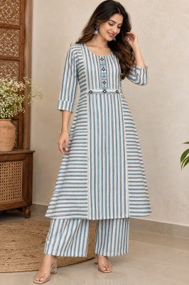Pure Cotton Strips Concept A-Line Designer Kurti Palazzo Pant Set Size wise Combo Set