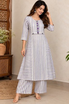 Pure Cotton Strips Concept A-Line Designer Kurti Palazzo Pant Set Size wise Combo Set