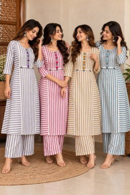 Pure Cotton Strips Concept A-Line Designer Kurti Palazzo Pant Set Size wise Combo Set